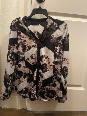 attention Black & Blush Floral Chevron Tie-Neck Blouse